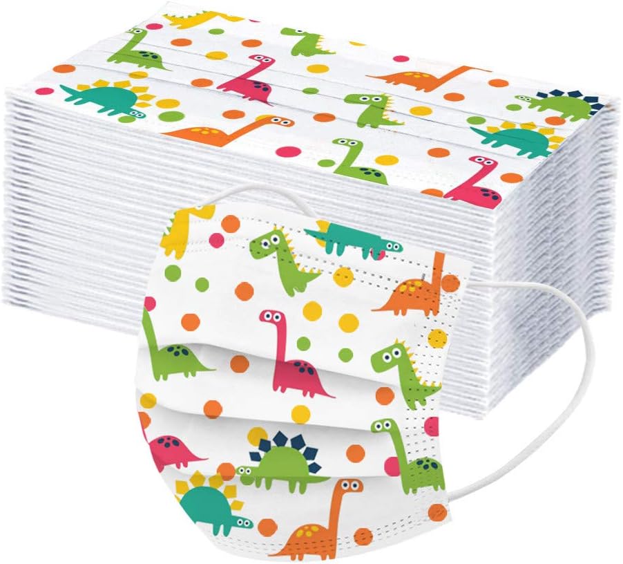 Childrens Disposable Face Bandanas Toddle Child 3-Ply Non-woven Mouth Guard Protections for Kids Girls Boys (50PCS, 4-Dinosaur)
