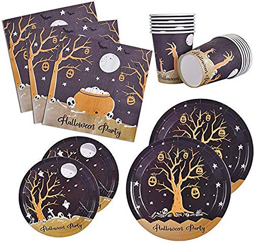 120 PCS Halloween Party Supplies Disposable Dinnerware Set Dinner Paper Plates Napkins Cups Black Yellow Decoration, Serves 24