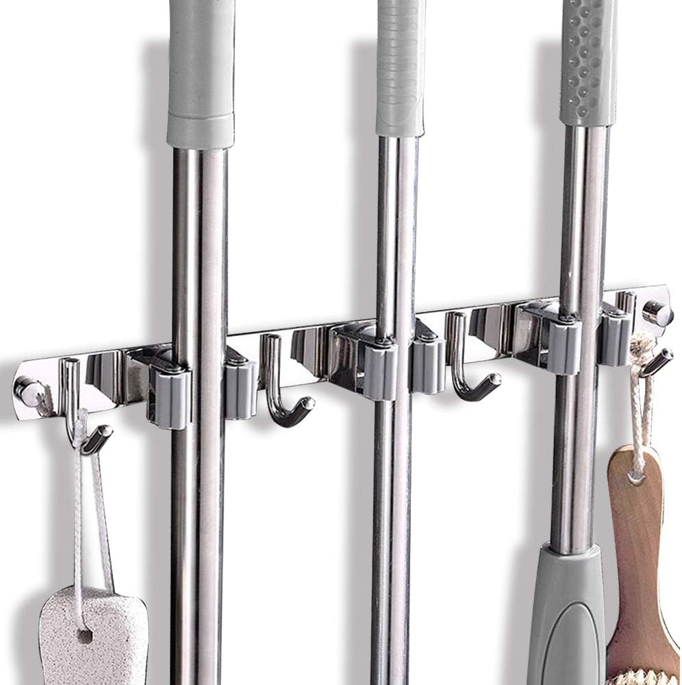 Broom Mop Holder Wall Mount Garage Organization Wall Organizer Storage Broom Closet Kitchen Organization Heavy Duty Garage Tools Hanger with 3 Racks 4 Hooks for Home, Kitchen, Garden, Laundry Room (stainless steel, grey ): Home Improvement