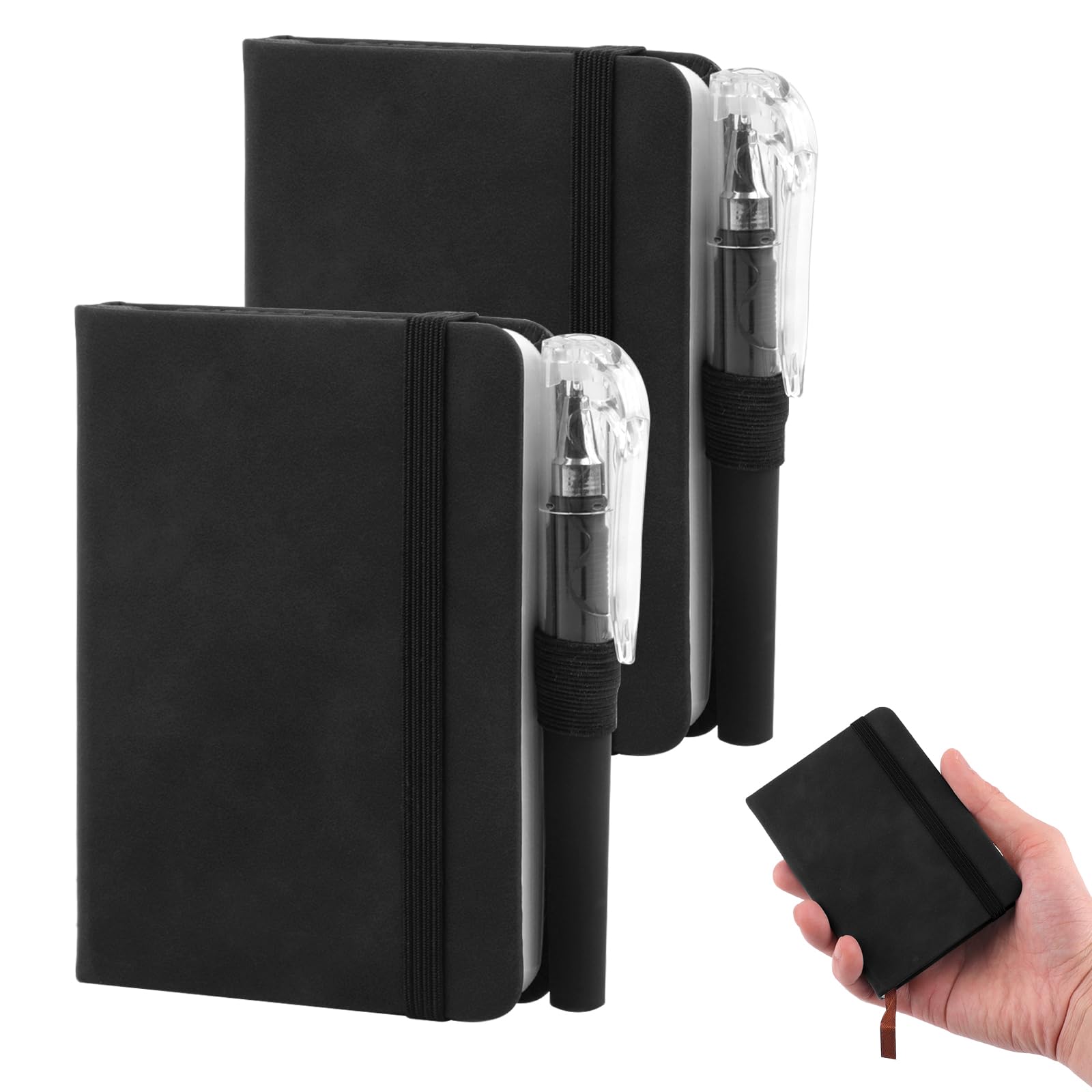 2 Pack Pocket Notebook with 2 Pens, 200 Pages Blank A7 Notebook, Leather Mini Notepad with Elastic Band and Bookmark, Portable Small Notepad for Office School Writing Memos (8x11cm)