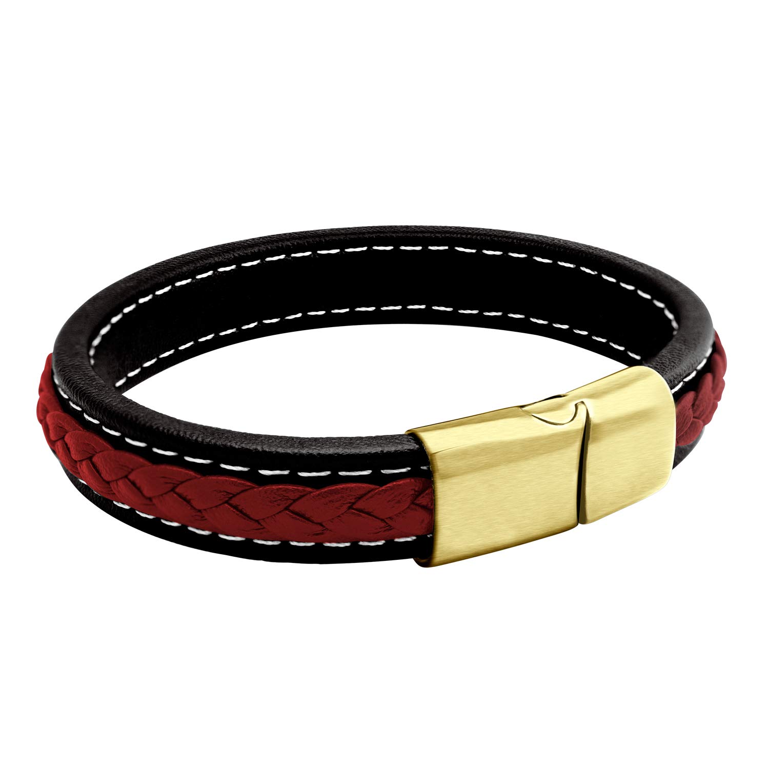555Jewelry Mens Bracelets Leather and Steel, Magnetic Clasp Braided & Stitched Red and Black Leather Bracelets for Men, Mens Leather Bracelet, Men Bracelets, Gold, 9 Inch