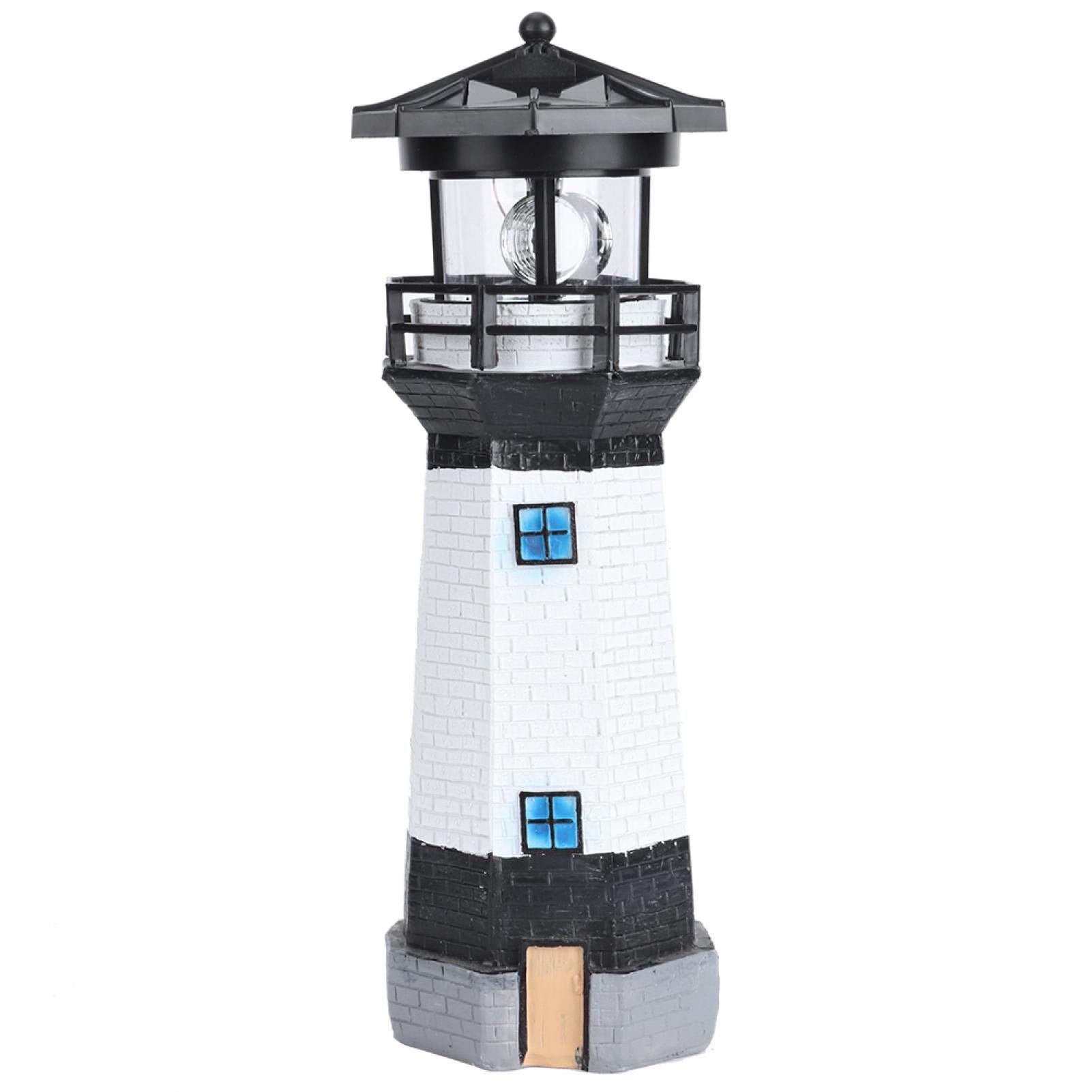 IP65 Waterproof Lighthouse Decorative Light Solar Patio Pathway Lighthouse Lamp Garden Ornament Terrance LED Rotation Lighting(Black)