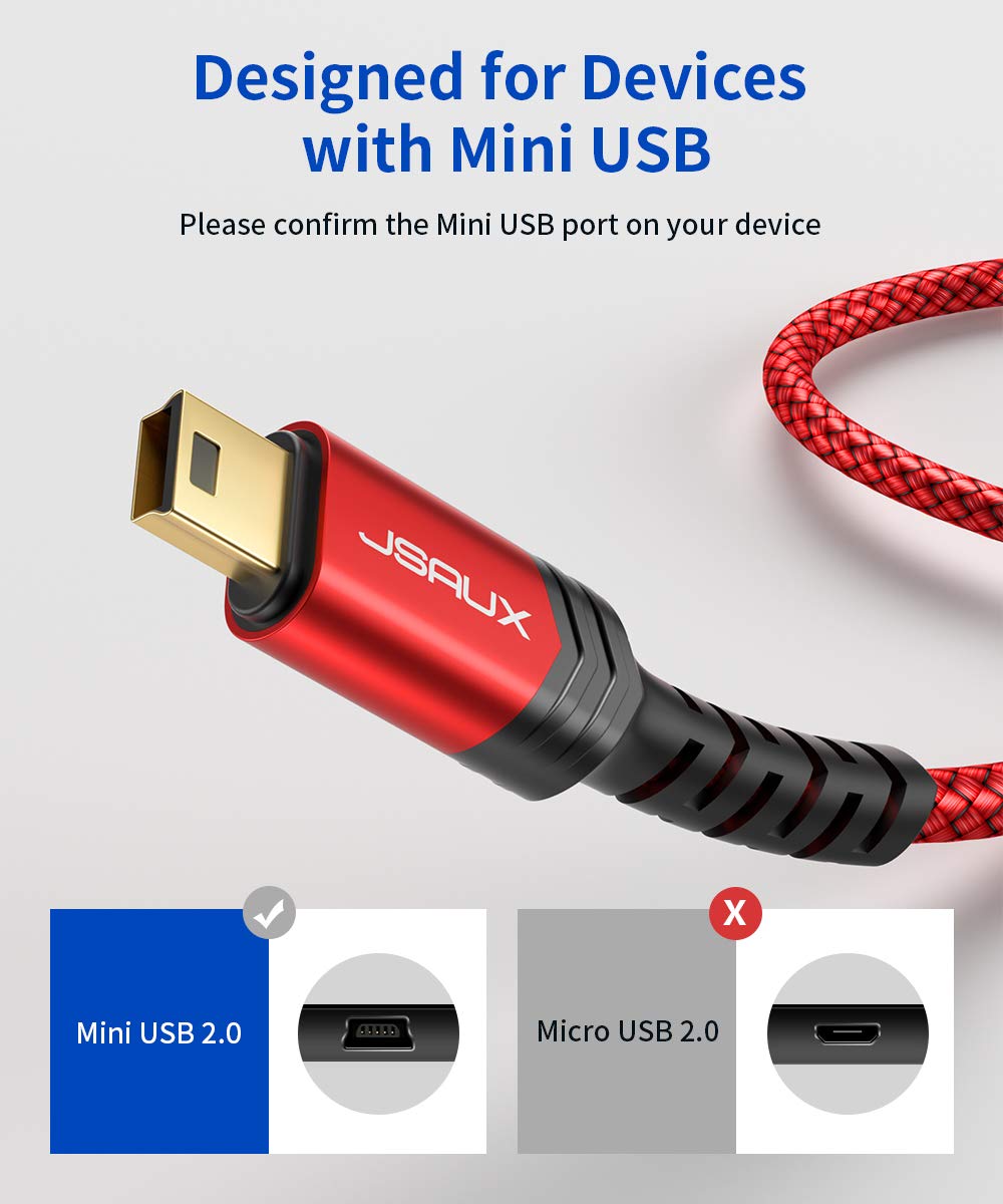 JSAUX Mini USB to Type C Cable, USB C to Mini USB 6.6FT Cable Charging Cord for GoPro Hero 3+, PS3 Controller, MP3 Player, Dash Cam, Digital Camera, GPS Receiver, PDAs and More Mini B Devices 2M/Red