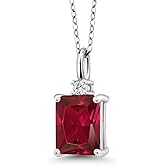 925 Sterling Silver Gemstone Birthstone and White Lab Grown Diamond Solitaire Pendant Necklace for Women | Emerald Cut 9X7MM and Round 2MM | With 18 Inch Chain | Fine Jewelry for Her Mom Wife