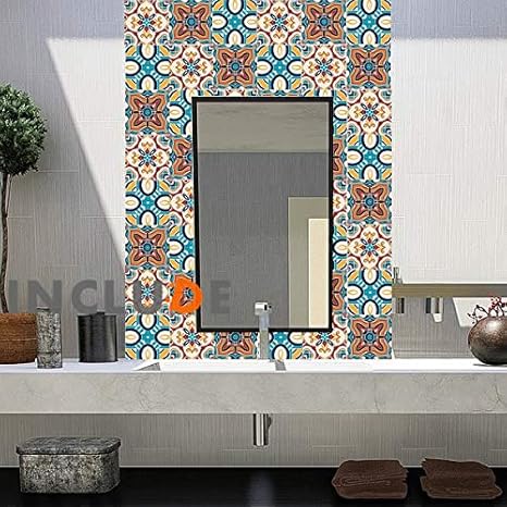 Amazon ウォールステッカー タイル柄 組み合わせ自由 フラッグ ランダム ダマスク柄 花 植物 果物 織物 絹織物 トライバル オルテガ 民族 イスラム ブラウン 茶 ターコイズ 可愛い おしゃれ 壁のステッカー ウォールステッカー オンライン通販