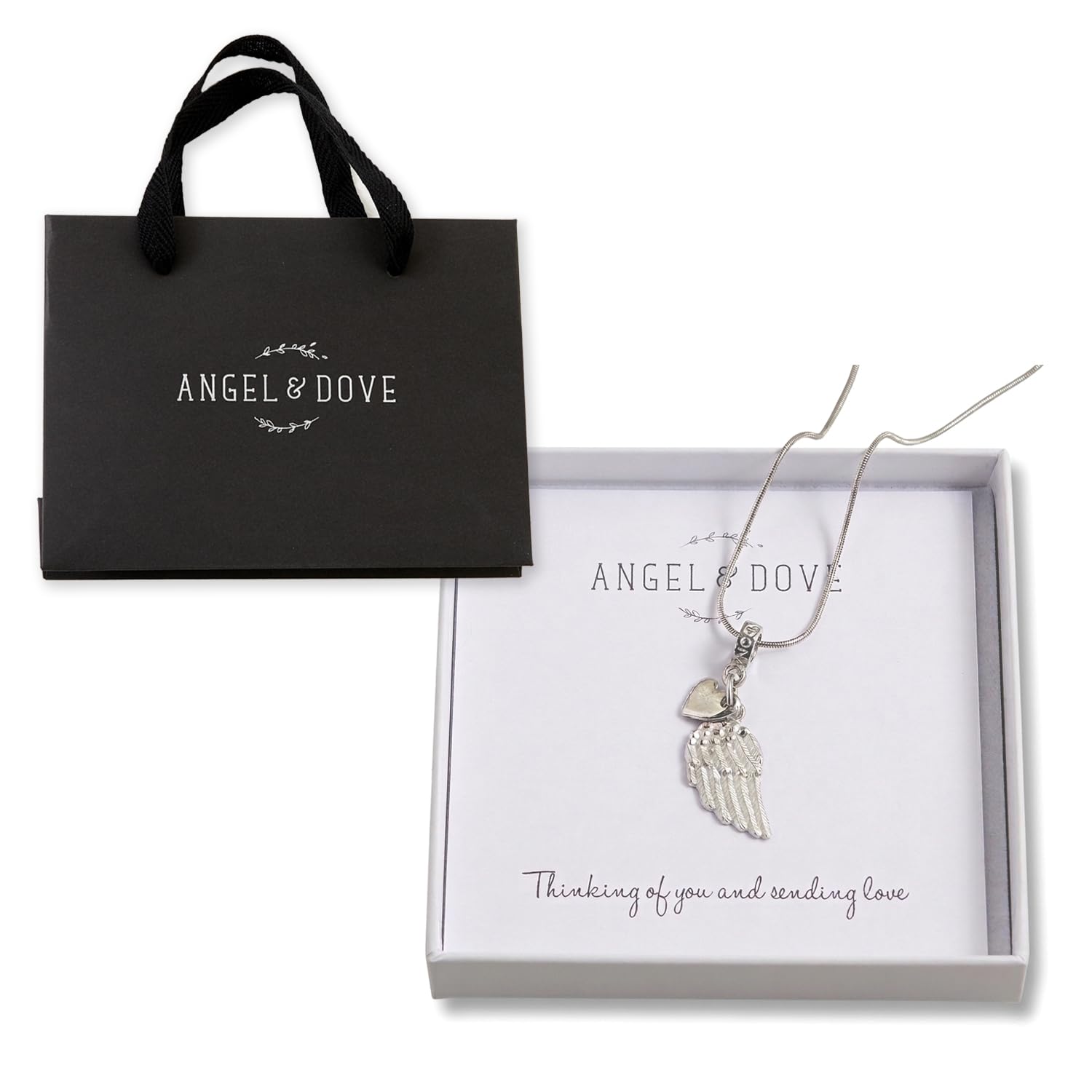 ANGEL & DOVE Pewter Wing & Heart Necklace Sympathy Gift with Bag & Card