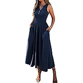 Evzeiem Women's Summer Casual Dresses Sleeveless Knitted V Neck Sundress Drop Waist A Line Long Maxi Dress with Pockets