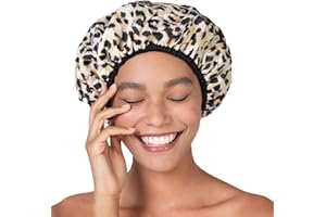 BETTY DAIN Reusable Nylon Shower Cap & Bath Cap, Reversible Oversized Waterproof Shower Caps Large Designed for all Hair Lengths w Terry Lining & Elastic Band Stretch Hem Hair Hat - Socialite Safari Spots