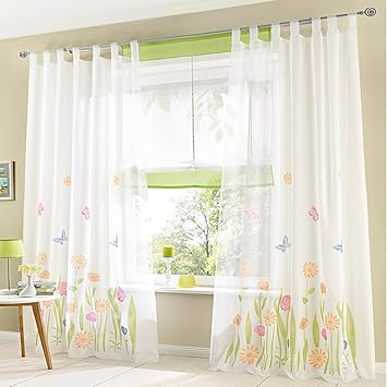 Souarts Grun Blumen Transparent Gardine Vorhang Schlaufenschal Deko Fur Wohnzimmer Schlafzimmer Studierzimmer 150x225cm Nur Ein Schlaufenschal Amazon De Kuche Haushalt