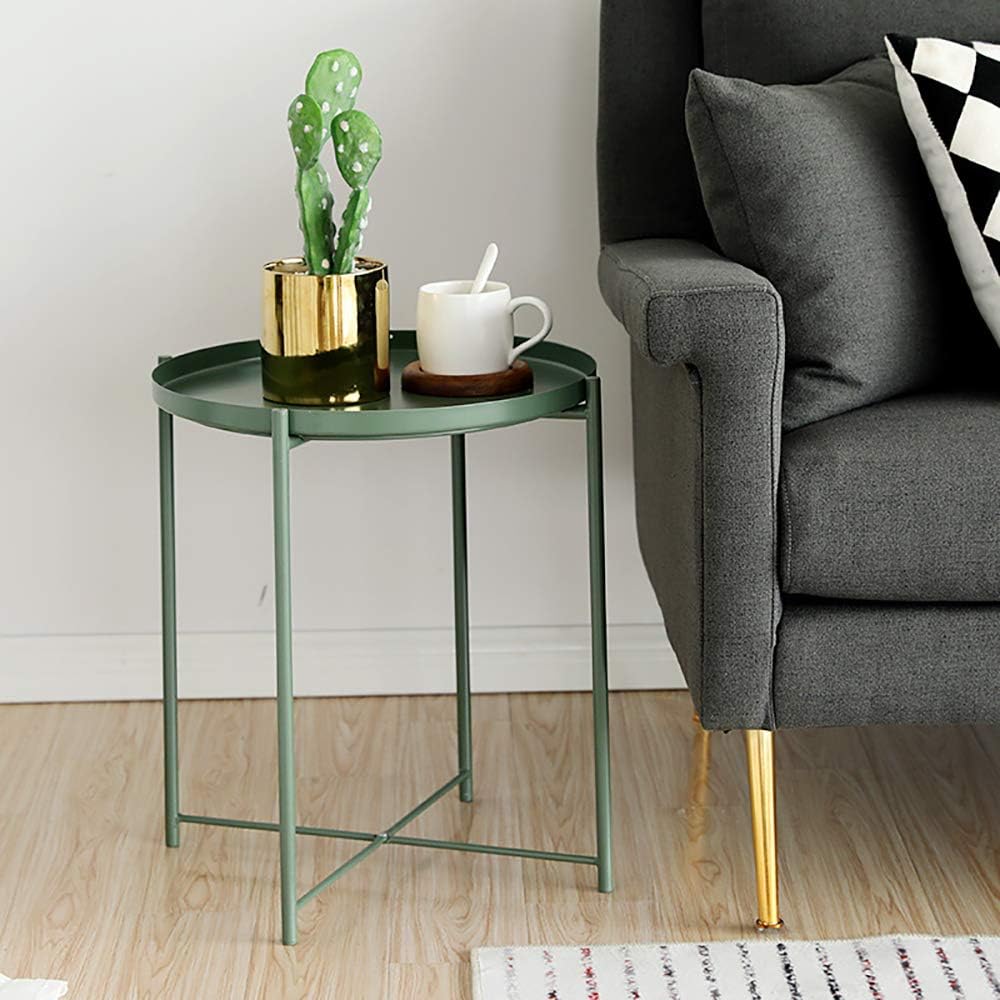 Side Table Small Metal End Table Round Tray Foldable Accent Coffee Table for Living Room Bedroom（18.3”×20.5”Green）: Kitchen & Dining