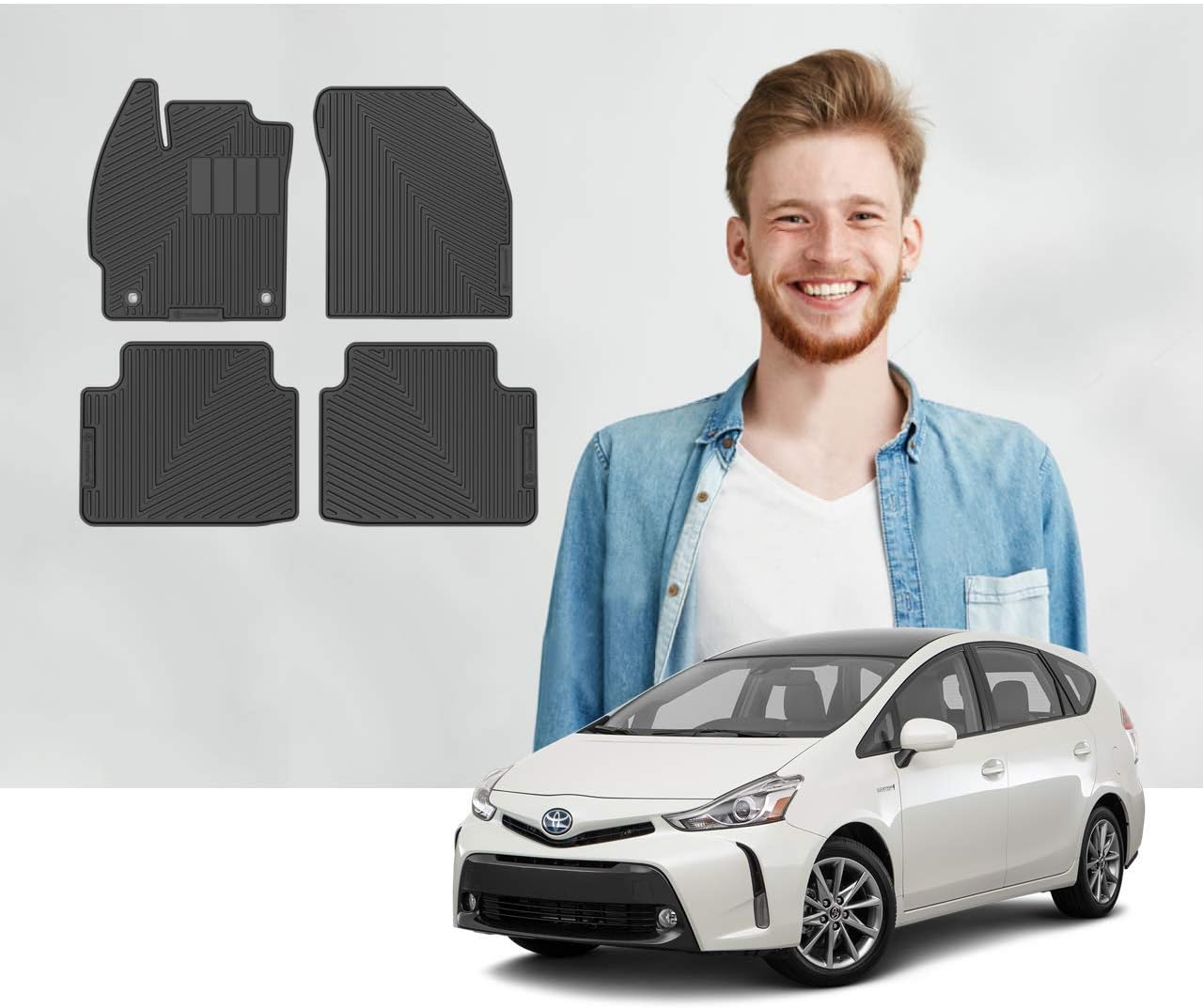 Road Comforts Custom Fit Odorless, Thick, and Heavy Duty Car Floor Mats - for Toyota Prius V 2012-2017 - Front and Second Row (4pcs) (Black)