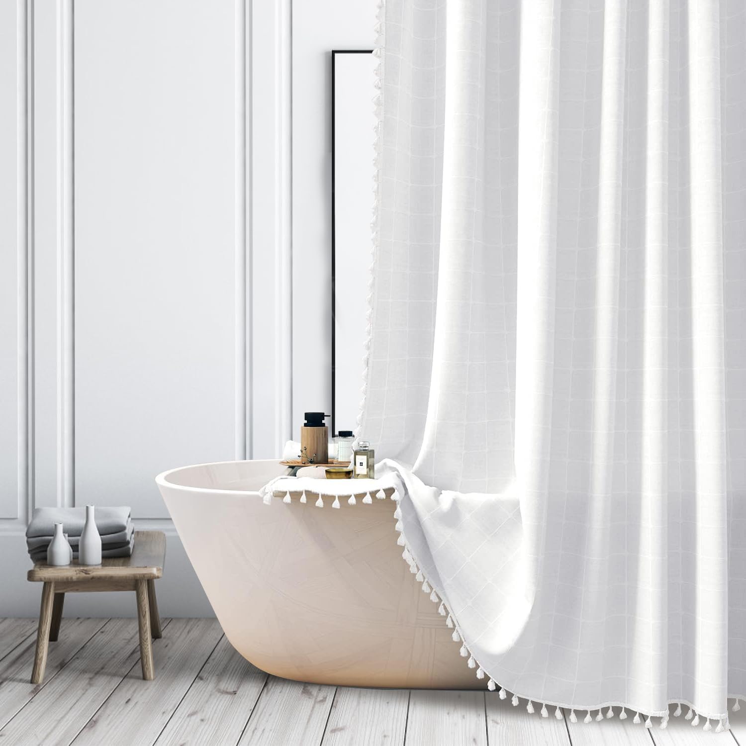 ggaimwf Bohemian White Fabric Shower Curtain Farmhouse Plaid Luxury Bath Curtains for Bathroom Neutral Striped Shower Curtain with Tassels Bathroom Decor 72x72 Inch