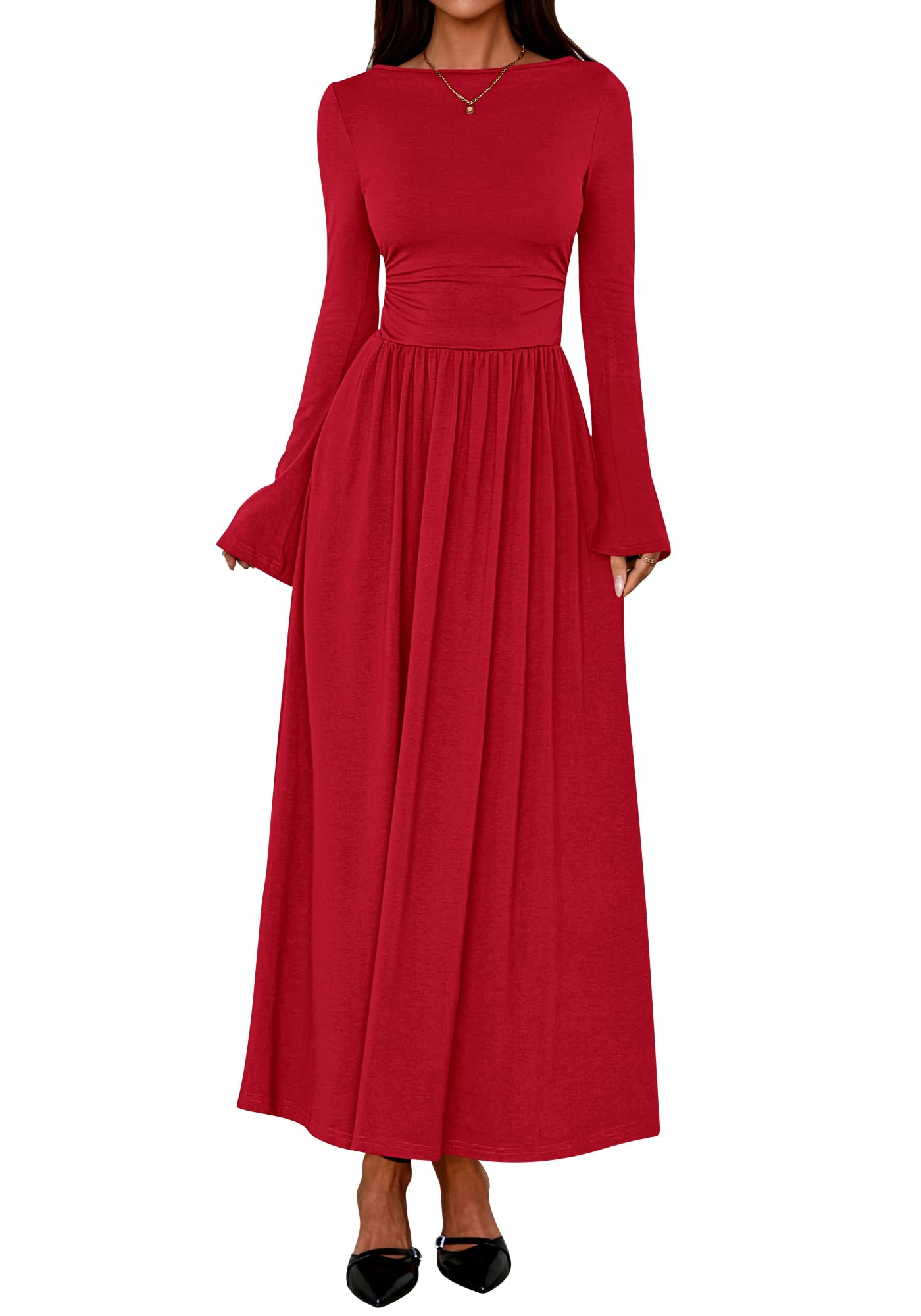 Photo 1 of BTFBM Long Sleeve Maxi Dresses for Women 2025 Fall Casual Ruched Boat Neck Flowy Elegant Formal Wedding Guest Dress(Red, X-Small)