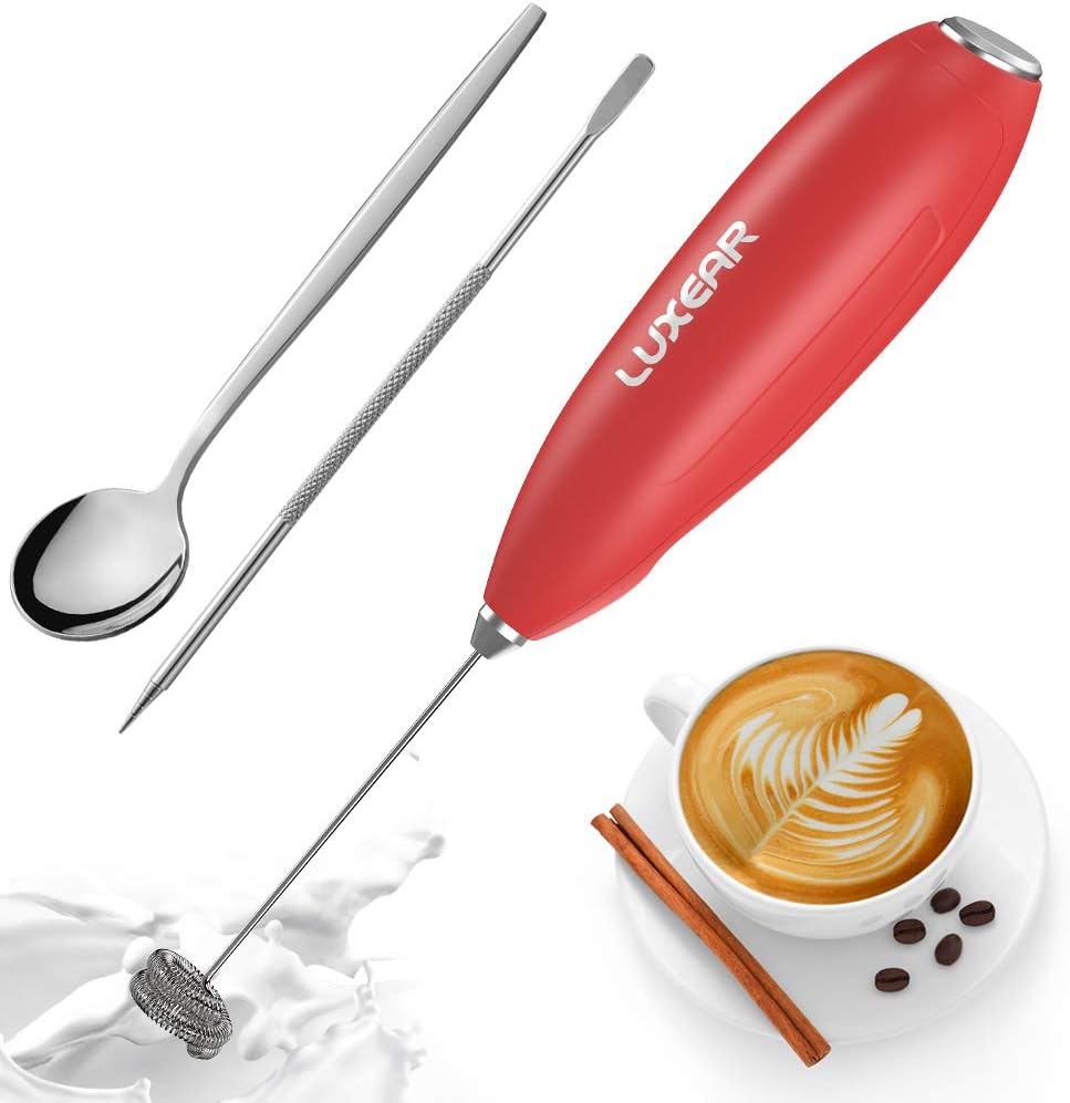 Luxear Milk Frother Handheld Foam Maker for Lattes, Battery Operated Whisk Drink Mixer, Electric Milk Frother for Bulletproof Coffee, Cappuccino, Frappe, Hot Chocolate with Stainless Steel Stand - Red