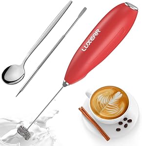 Luxear Milk Frother Handheld Foam Maker for Lattes, Battery Operated Whisk Drink Mixer, Electric Milk Frother for Bulletproof Coffee, Cappuccino, Frappe, Hot Chocolate with Stainless Steel Stand - Red