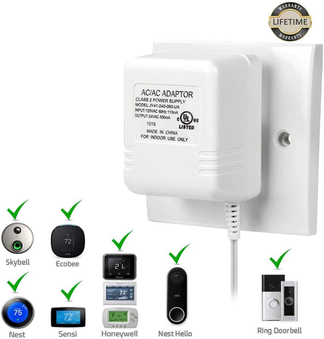 24 Volt Transformer, 500mA Power 500cm Cable C Wire Adapter for All Version Ring Doorbell, Competible with Nest Hello Skybell Ecobee Sensi Smart and Honeywell Thermostat