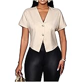 Floerns Women's V Neck Button Asymmetrical Hem Blouse Short Sleeve Elegant Shirt Tops