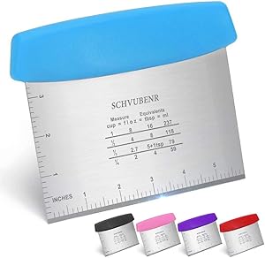 SCHVUBENR Premium Dough Scraper & Cutter - Stainless Steel Bench Scraper with Measuring Scale - Multi-Purpose Food Scraper Chopper - Pastry, Cake, Pizza Cutter - Easy to Use & Dishwasher Safe(Blue)