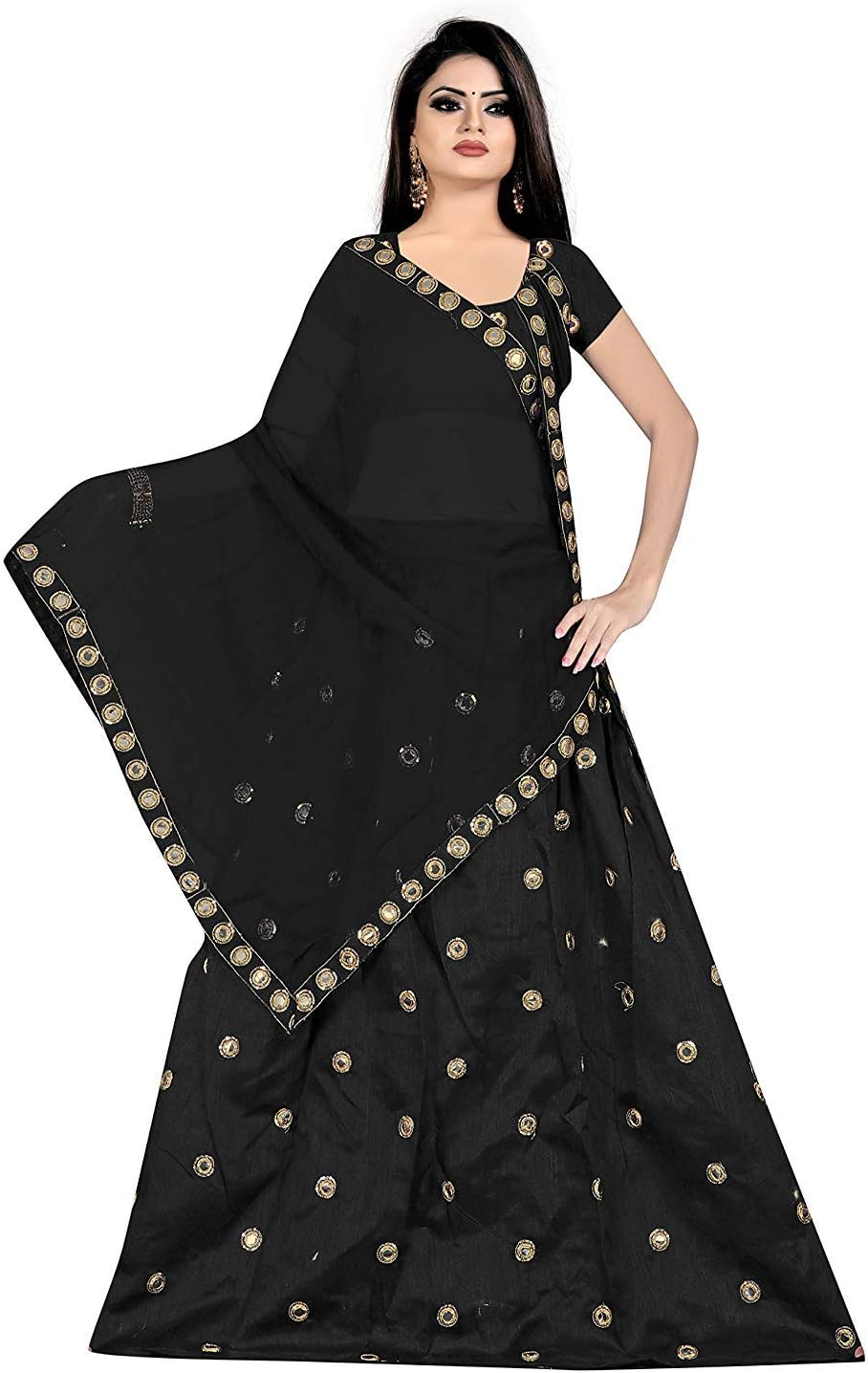 Sarvaiya Trendz Women's Mirror Worked Lehenga Choli with Heavy Dupatta Set Semi-Stiched(freesized) Black