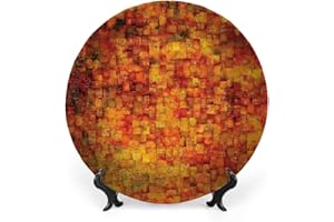 LIGUTARS Decorative Plates, Burnt Orange Print Ornament, Vintage Mosaic Quadratic Geometric Squares Faded, 10 Inch, 1 Plate with 1 Display Stand, Orange Mustard