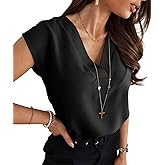 Lynwitkui Women's V Neck Chiffon Blouses Cap Sleeve Shirts Casual Loose Work Office Solid Tops