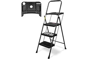WNOEY 3 Step Ladder with Tray, Folding Step Stool with Tool Platform and Comfort Handgrip, Lightweight 500lbs, Wide Anti-Slip Pedal, Sturdy Steel Ladder, Portable Steel Step Stool for Adults,Black