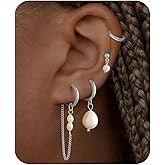 ShineRose 4Pairs Pearl Dangle Earrings Stacks For Women Trendy Drop Chain Set Multiple Piercing Dainty 14K Gold Plated Silver Jewelry