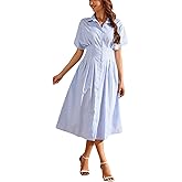 LADYFUL Striped Maxi Dress for Women Button Down Shirt Dress Short Sleeve Casual Summer Formal Midi Shirtdress
