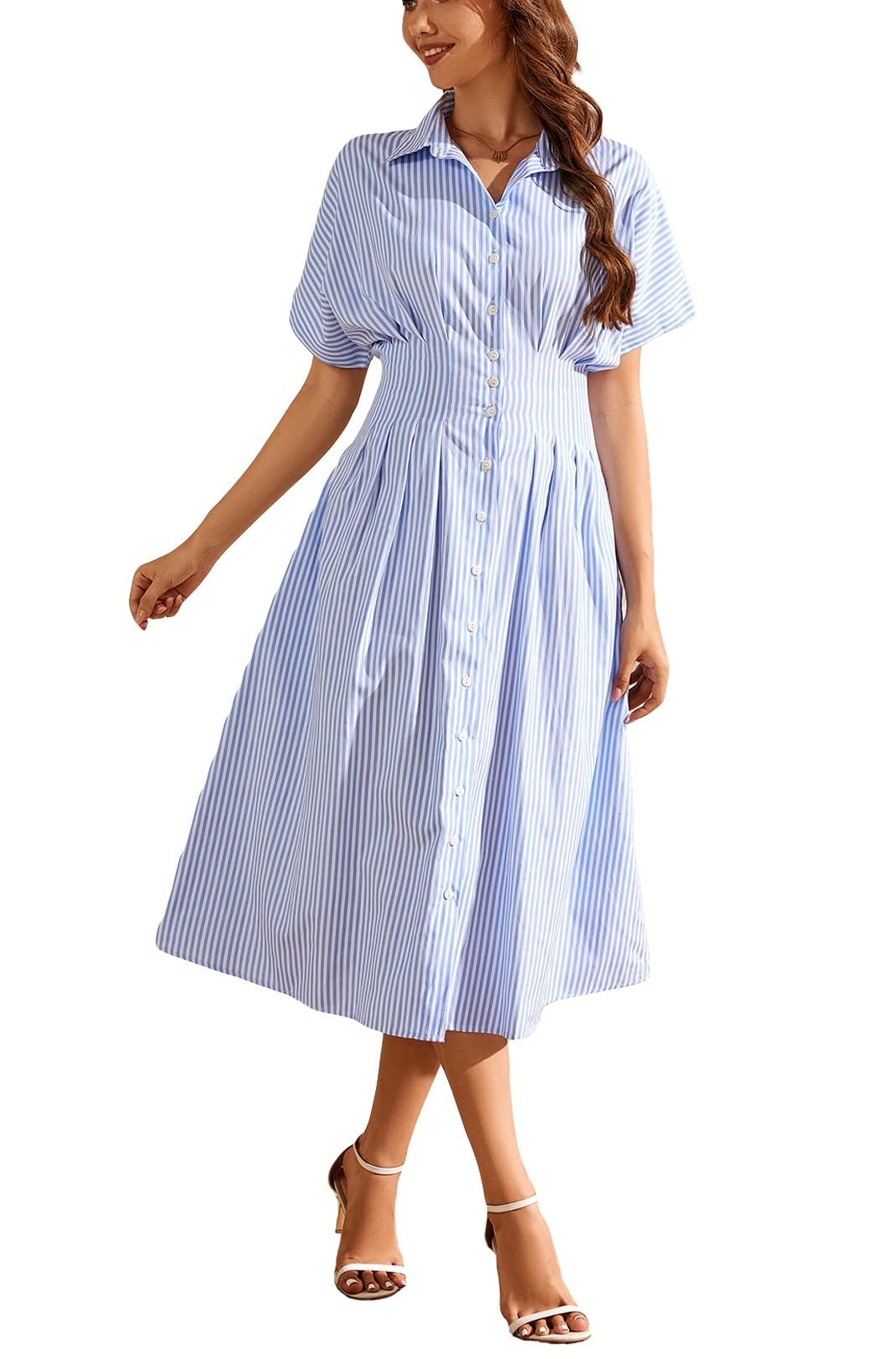 Photo 1 of Ladyful Striped Maxi Dress for Women Button Down Shirt Dress Short Sleeve Casual Summer Formal Midi Shirtdress Light Blue
