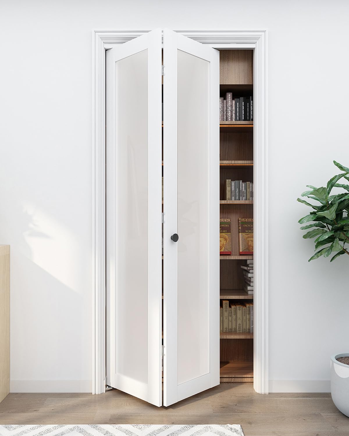 Photo 1 of ***FACTORY SEALED***BarnBase Bifold Closet Door for 36"x80" Opening, 1-Lite Frosted Tempered Glass Bifold Doors with Hardware Kit, White Closet Door with Fascia and Knob, Solid Wood & MDF with Water-Proof PVC Surface