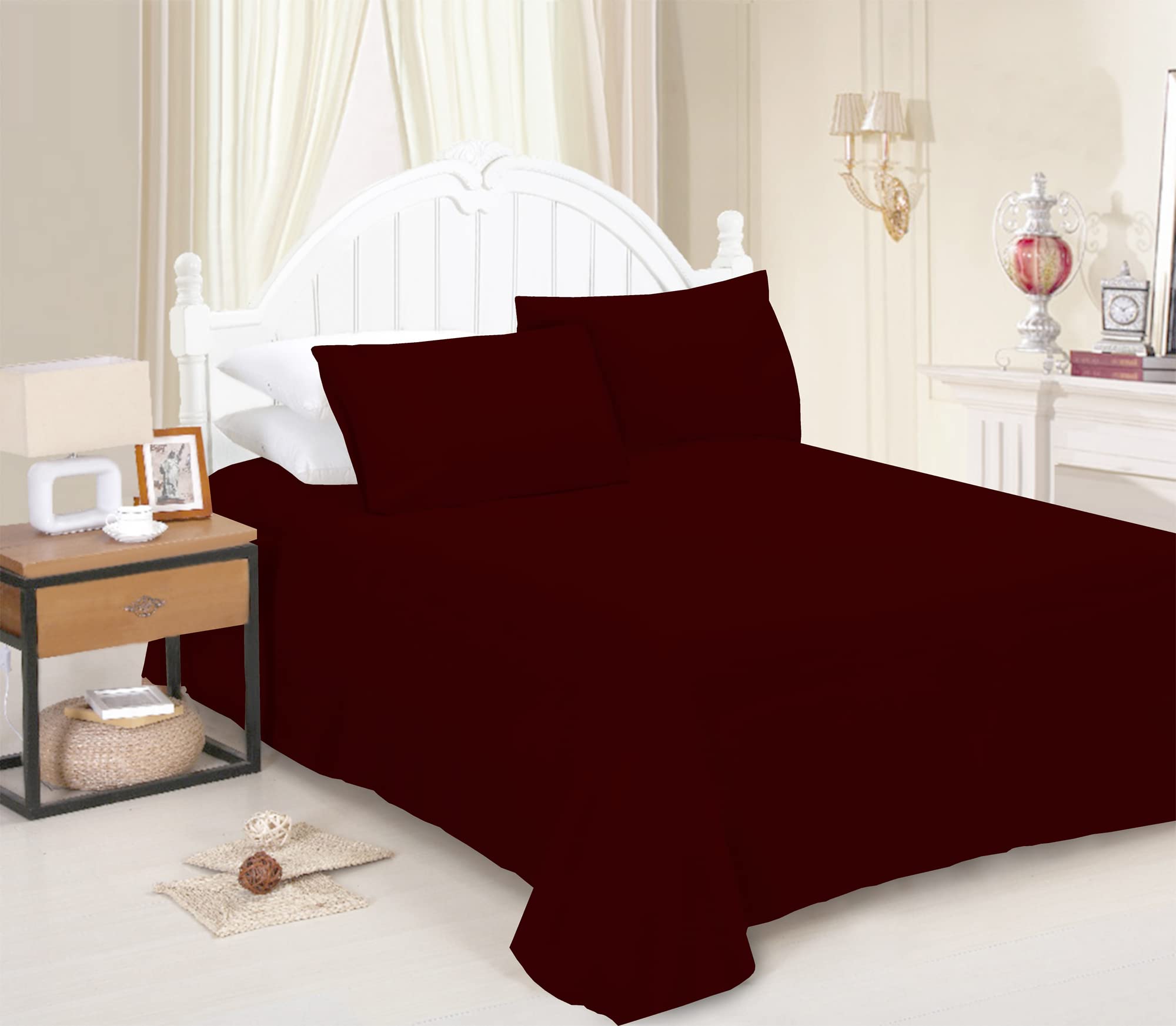 JRI® Flat Sheet- Luxurious Bed Sheet-Breathable-Hypoallergenic-Comfortable Poly Cotton Flat Sheet-Soft Touch Wrinkle Free (Burgundy-Double) - (Same Day Dispatch)