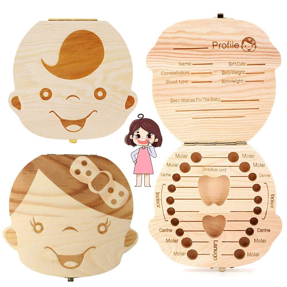 Teeth Box Save Organizer, NALCY Wooden Tooth Keepsake Box for Child, Kids Teeth/Umbilical Cord/Lanugo Memory Storage Boxes Organizer for Boys Girls, 2Pcs
