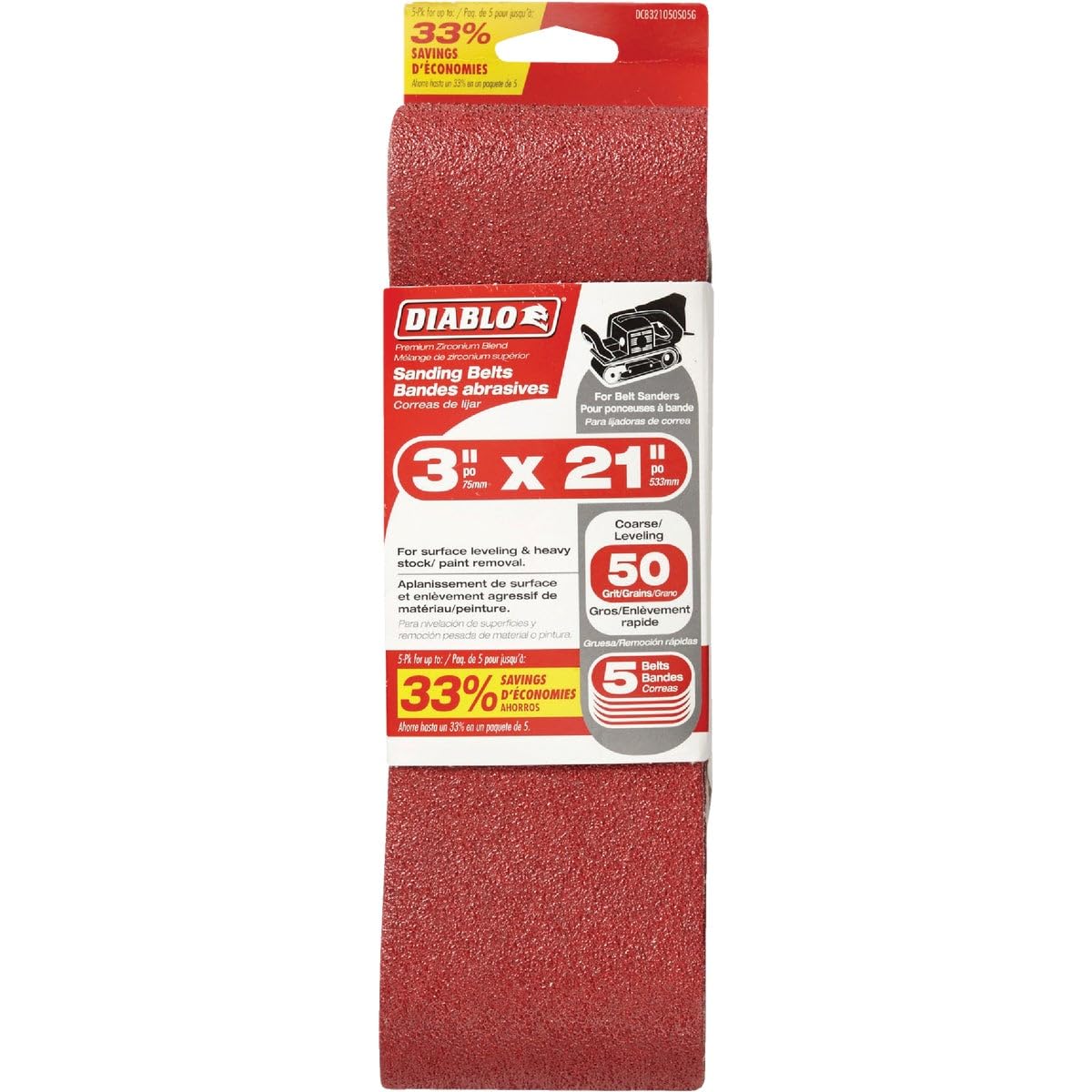 Diablo DCB321050S05G 3 in. x 21 in. 50-Grit Sanding Belt (5-Pack)