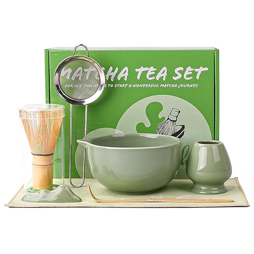 Matcha Whisk Set, 7 Pcs Matcha Kit with Matcha Bowl, Spout, Whisk and Holder, Bamboo Scoop and Stainless Steel Sifter, Japanese Matcha Set for Ceremony, Gift for Matcha Lover