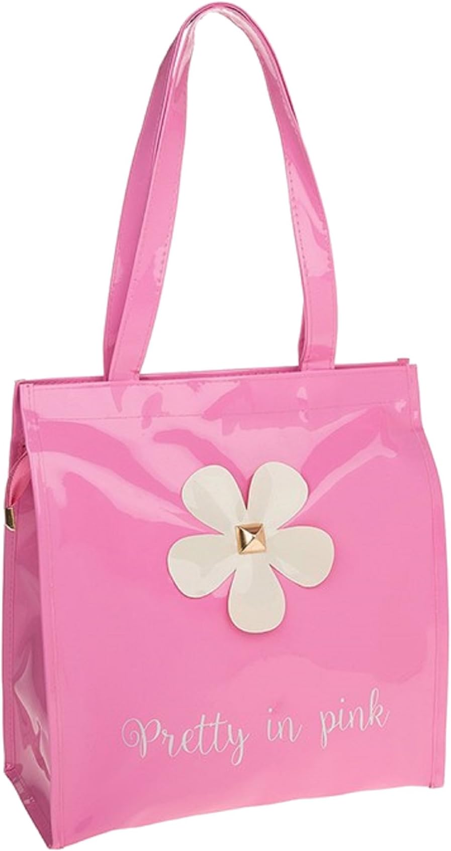 Ladies Patent Glossy Shopper Tote Bag With Daisy Flower (Daisy Medium - Candy Pink)