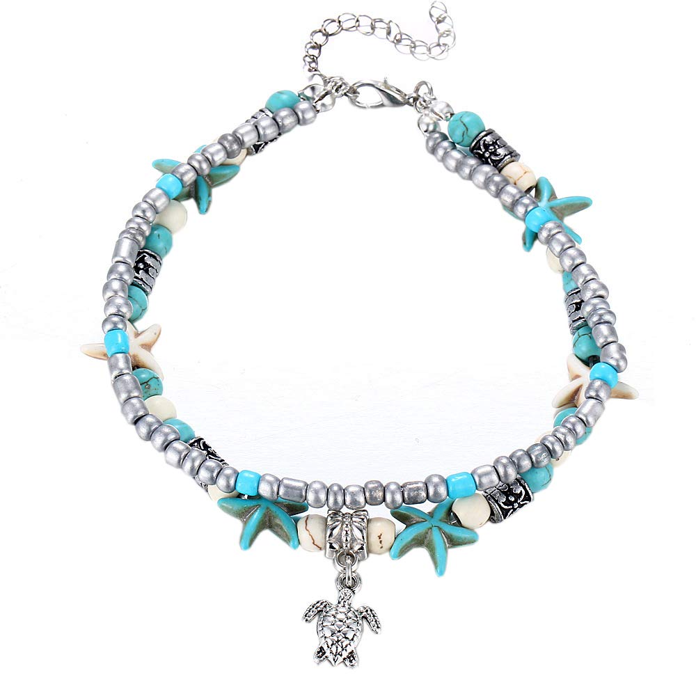 PAMTIER Women's Alloy Two-Layer Beads Starfish with Turtle Pendant Bohemia Beach Anklet