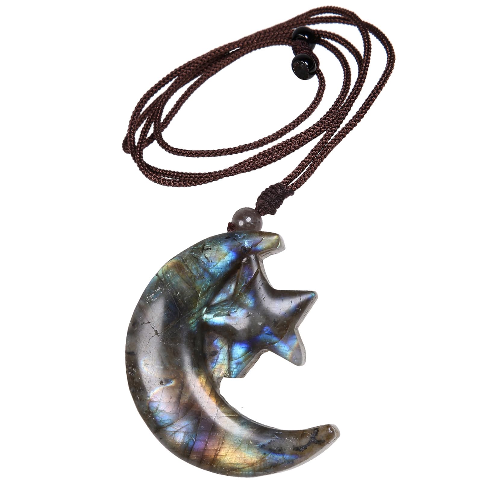 Nupuyai Star & Moon Labradorite Crystal Stone Necklace for Women Men, Natural Carved Stone Pendant with Adjustable Rope