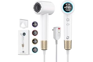 KARFUN Plasma Hair Dryer, 1500W High Speed Blow Dryer with Plasma Tech (Positive+Negative Ionic), LED Display, 5 Temps 2 Speed, Thermo-Control, Fast Drying Plasma Hairdryer for Home or Travel (White)