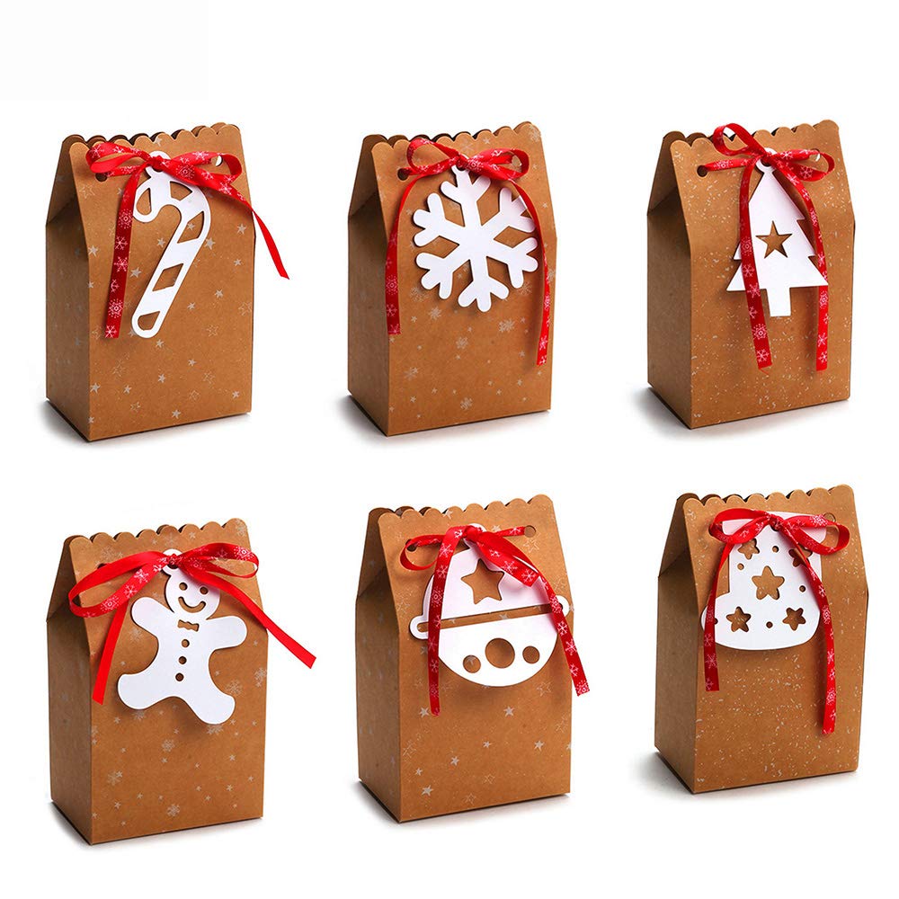 SUNNEE 12 Pcs Christmas Paper Bag, Candy Gift Boxes Design Reusable Craft Paper Boxes with Tags Snowflake Ribbons for Presents Candies Cookies Theme Gift Wrapping Bags (12pcs)