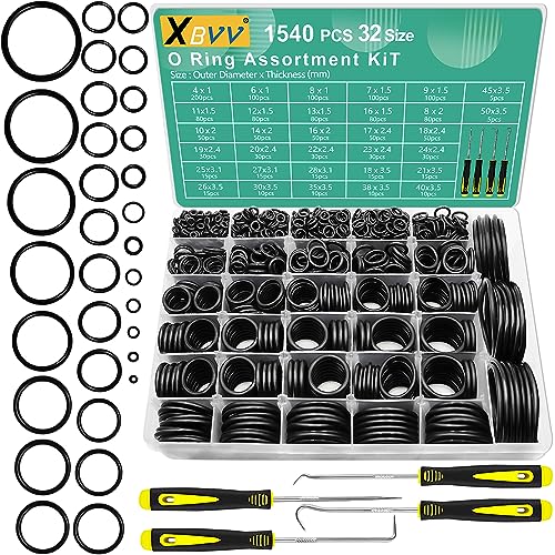 XBVV 32 Tamaño O Anillo Surtido,1540 PCS Métrico Nitrilo NBR Caucho ORing Kit con 4 Pick & Hook Set para Automotriz Grifo Fontanería Lavadora a Presión Sellado Reparación Negro