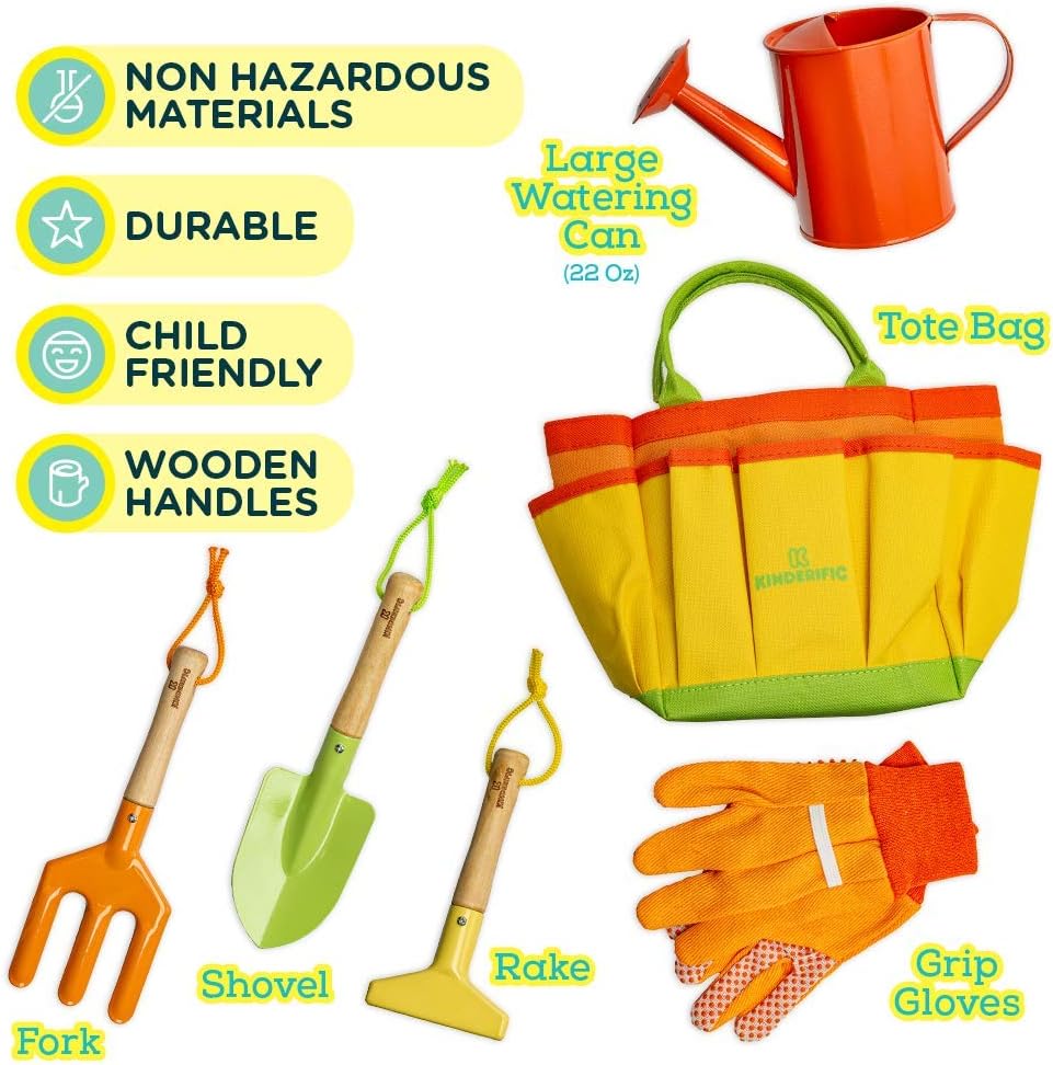 Kinderific Gardening Tool Set, Designed for Kids, STEM, Tote Bag, Spade, Watering Can, Rake, Fork, Trowel, Gloves: Toys & Games