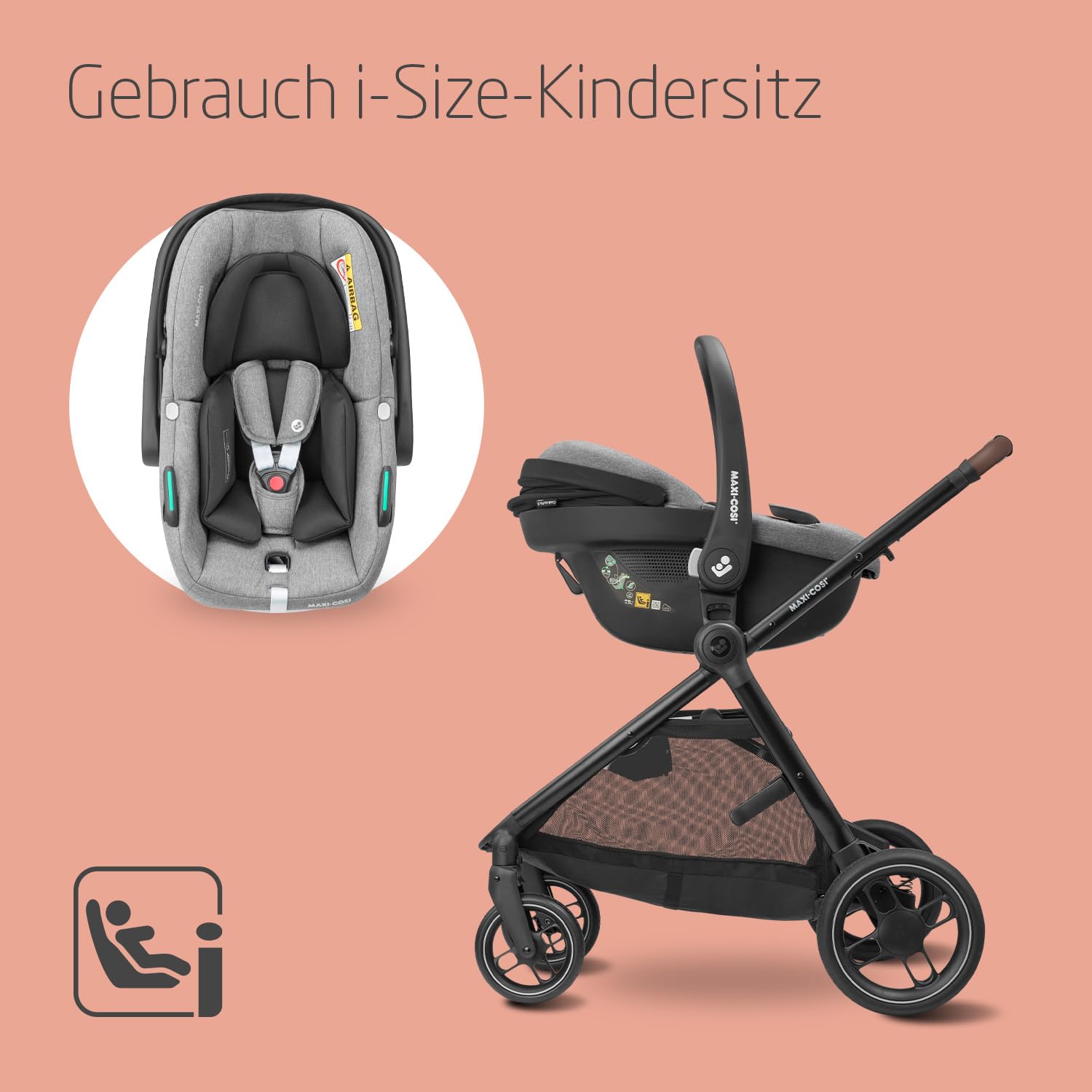 Maxi-Cosi Zelia S Trio Kinderwagen 3 in 1 Komplettset, 0-4 Jahre, bis 22 kg, Zusammenklappbar, Kompakt, Verstellbarer Baby Kinderwagen, mit CabrioFix S i-Size Babyschale, Zubehör, Wickeltasche, Grau 5