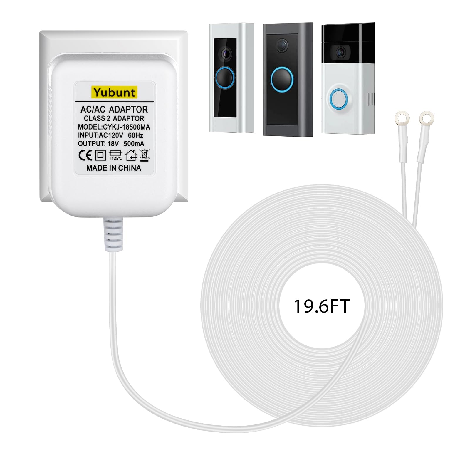 Photo 1 of 18V 500mA Doorbell Transformer, Video Doorbell Power Adapter Compatible with Nest, Wyze, Eufy, Ring, and Arlo Wireless Video Doorbells. White-1Pcs (19.6Ft Power Cord)