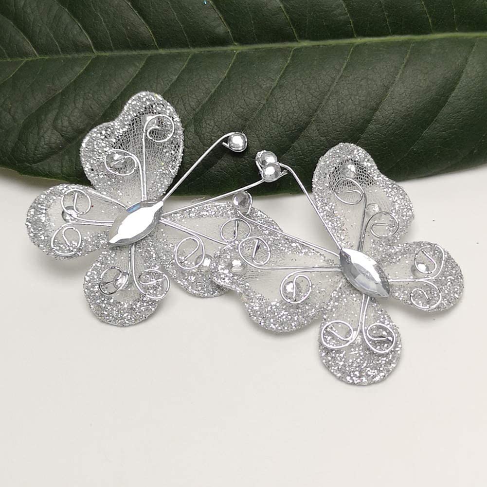 Sheer Mesh Wire Glitter Butterfly, Pack of 24 Wire Glitter Butterflies Transparent Mesh Delicate Gemstone Butterflies Wedding Party Costume Decoration, Wedding Party Table Scatter Craft (White)