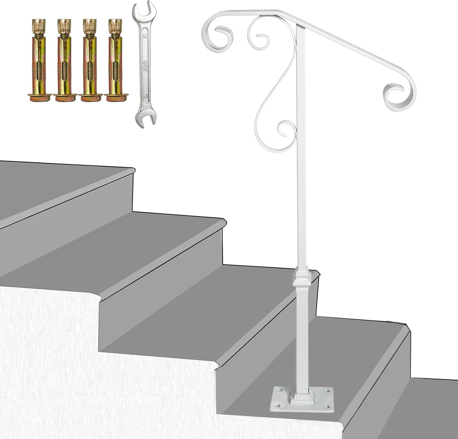 Handrail Railing, Single Post Sturdy Hand Railing with Base Wrought Iron Grab Supports Fits 1 or