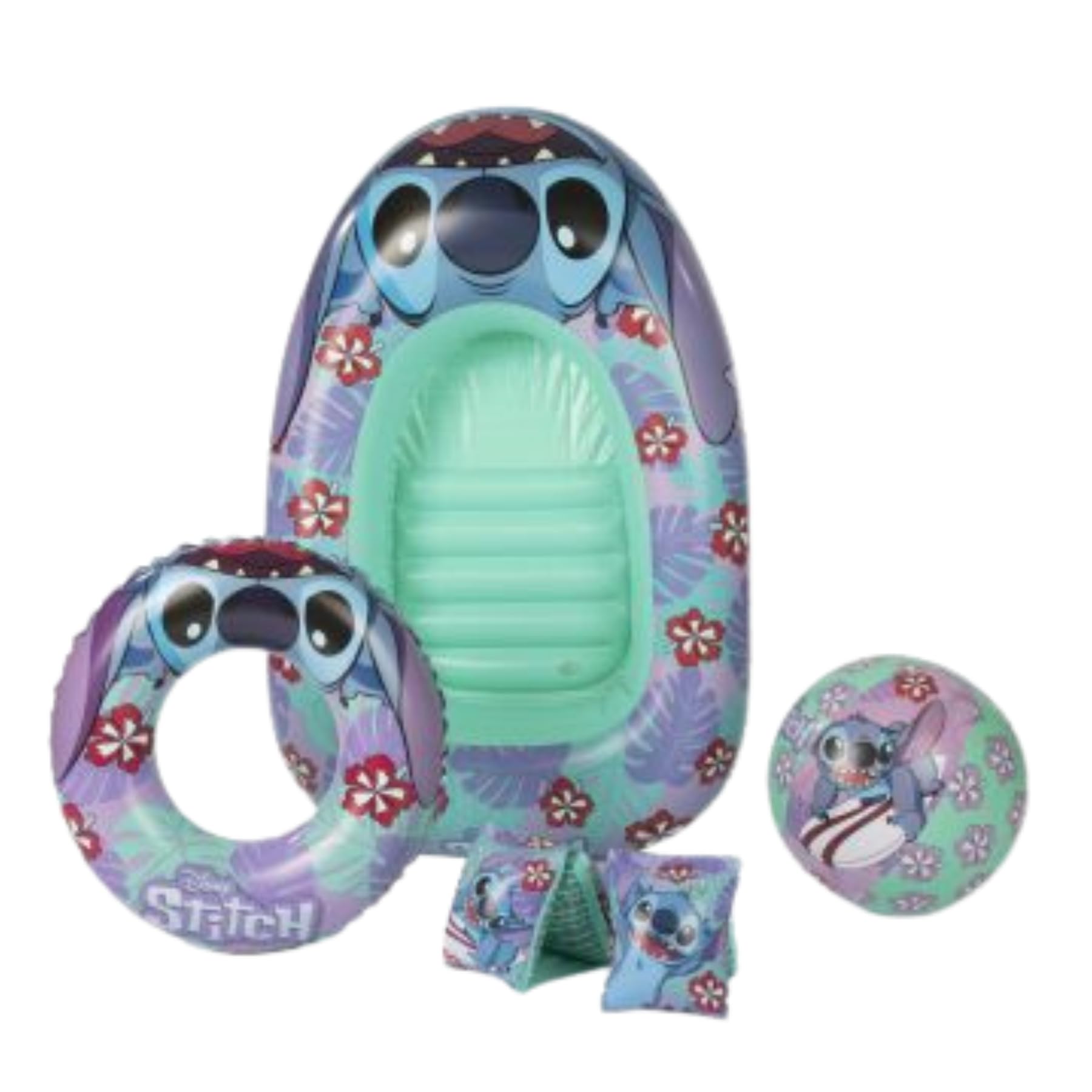 Disney Stitch inflatable Swim Set with Arm Bands, Swim Ring, Beach ball and Inflatable Boat