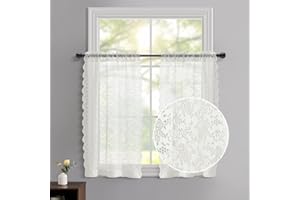 FINECITY Cafe Curtains 30 Inch Length 2 Panels Set for Kitchen, Country Floral Pattern Lace Tier Curtains for Small Window, Rod Pocket Privacy Sheer Tier Curtains, 25 x 30 Inch, Ivory