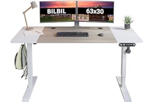bilbil 63 x 30 Inches Electric Standing Desk, Height Adjustable Sit Stand Table with Splice Board, Stand up Home Office Desk, White Frame/Oak and White Top