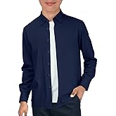 Haloumoning Boys Long Sleeve Button Down Shirt Kids Cotton Texture Dress Shirts School Uniform Shirt 5-14 Years