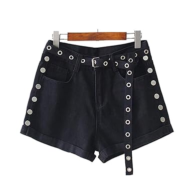 Dendrobium Women Black Denim Shorts Sashes Buttons Decorate
